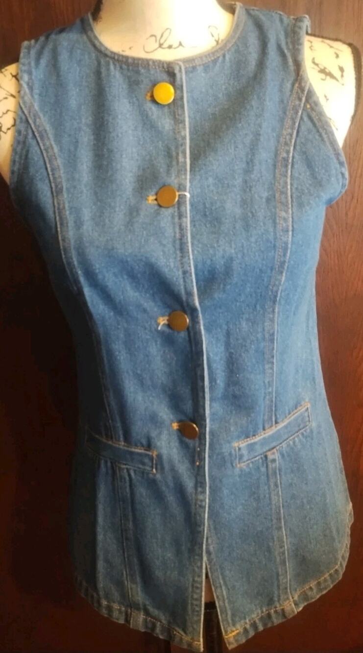 Western Long Line Denim Gold/Brass tone Button Sleeveless Vest Top Size Small